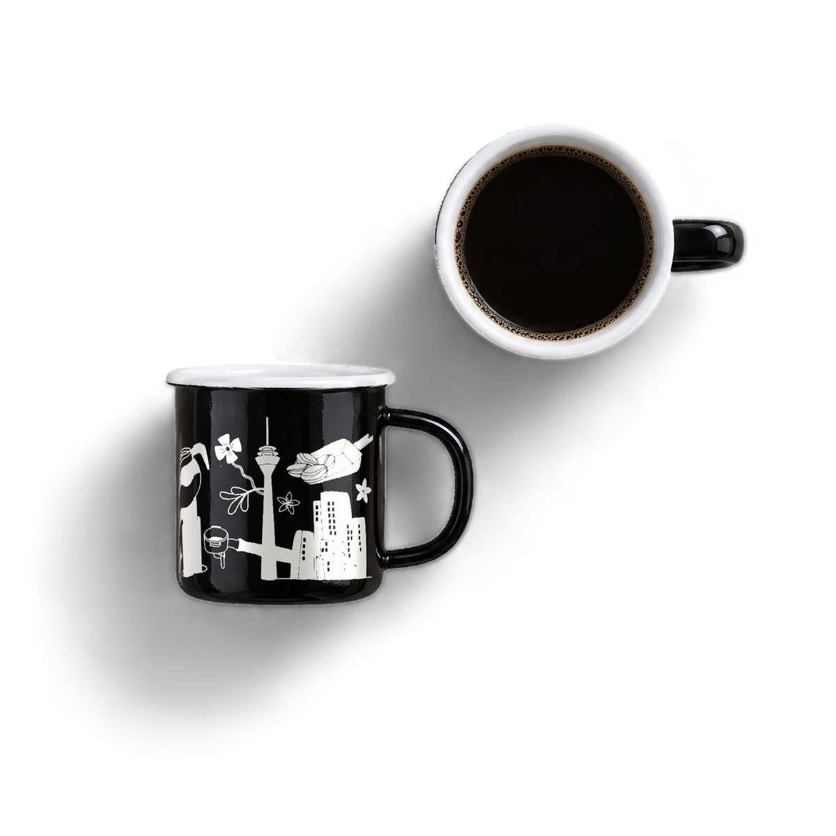 Zwei SCHVARZ Camping-Emaillebecher mit Düsseldorf-Illustration, einer mit Filterkaffee
