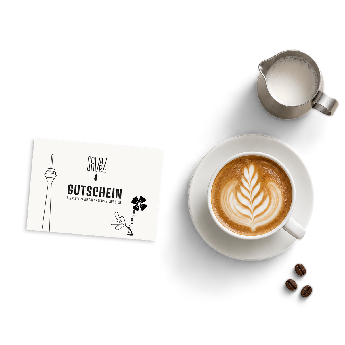 Gutschein für den SCHVARZ Latte Art Kurs mit Cappuccino und Milchkännchen