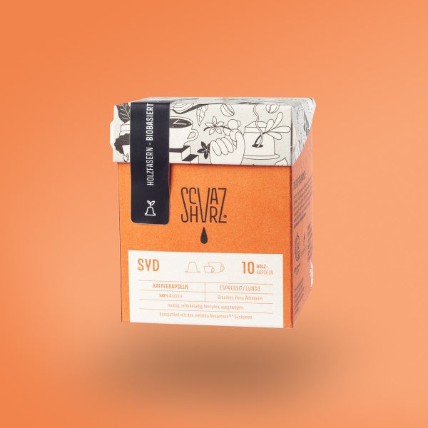 Produktbild Kapselbox der Sorte SYD vor orangenem Hintergrund.