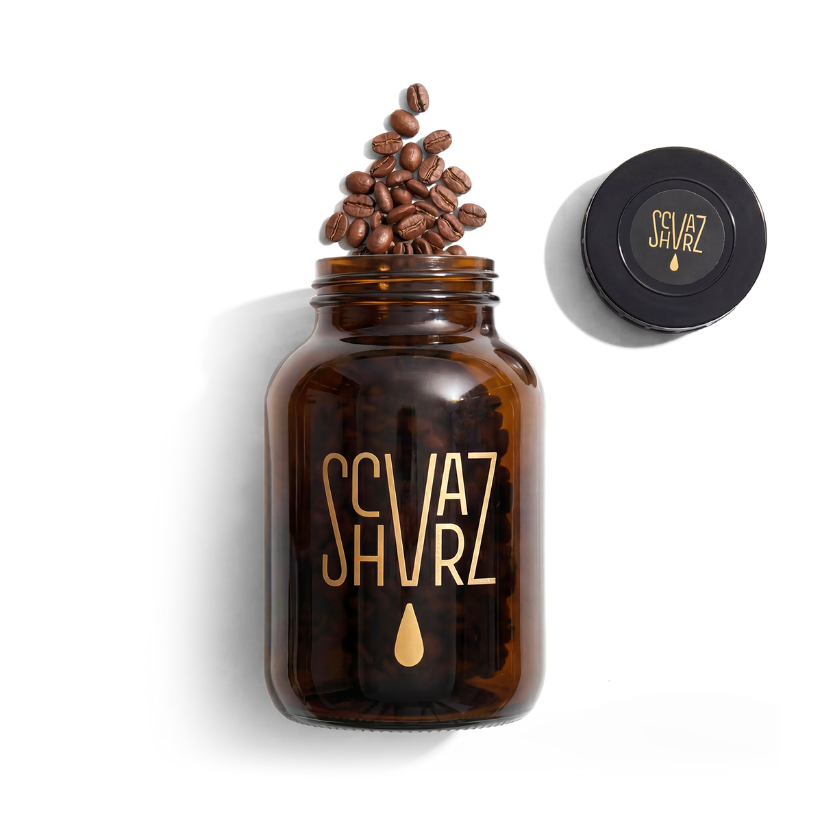 SCHVARZ Apotheker-Glas liegend mit Kaffeebohnen und Deckel, von oben