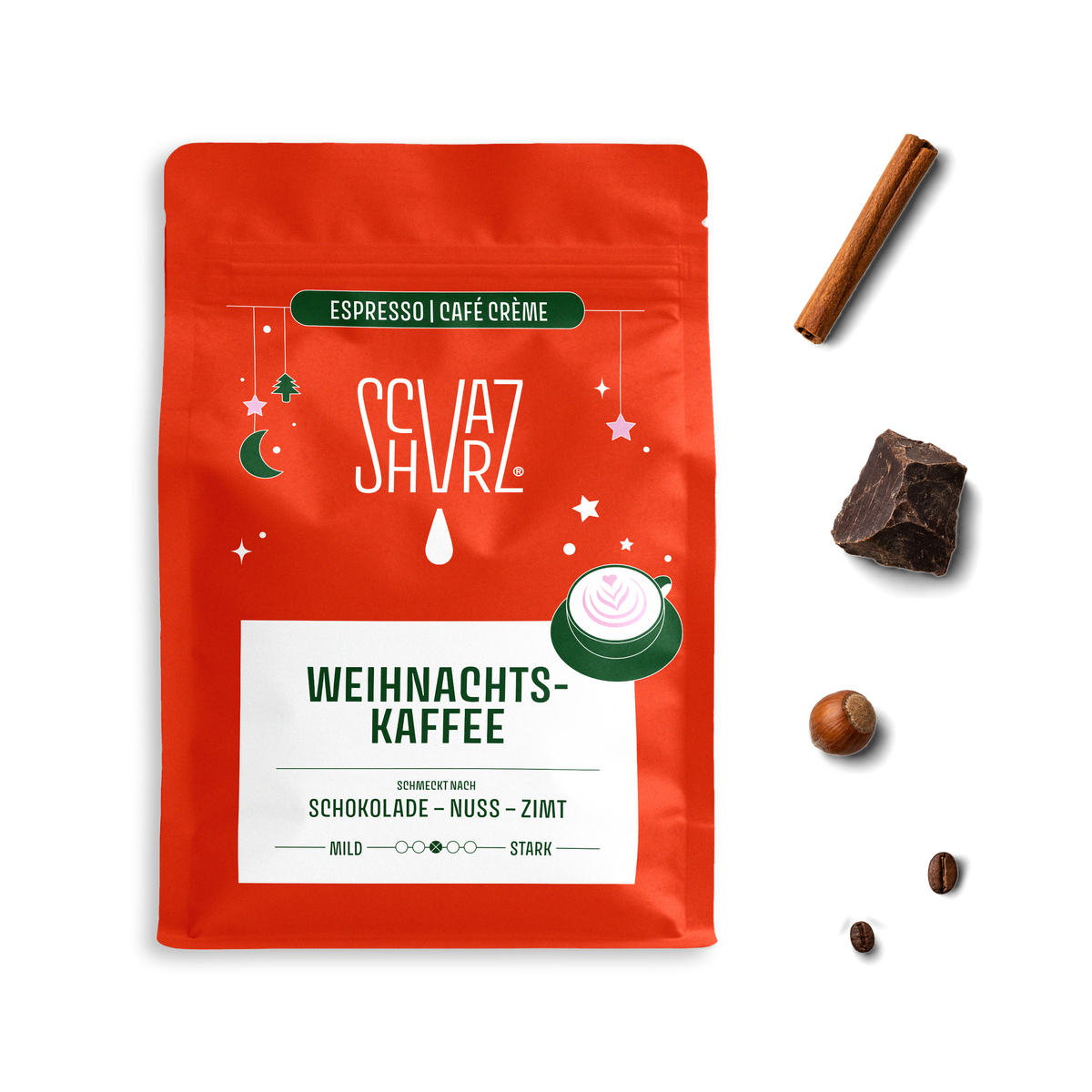 SCHVARZ Weihnachtskaffee 2026 Espresso / Café Crème von oben mit Zimtstange, Schokolade und Haselnuss