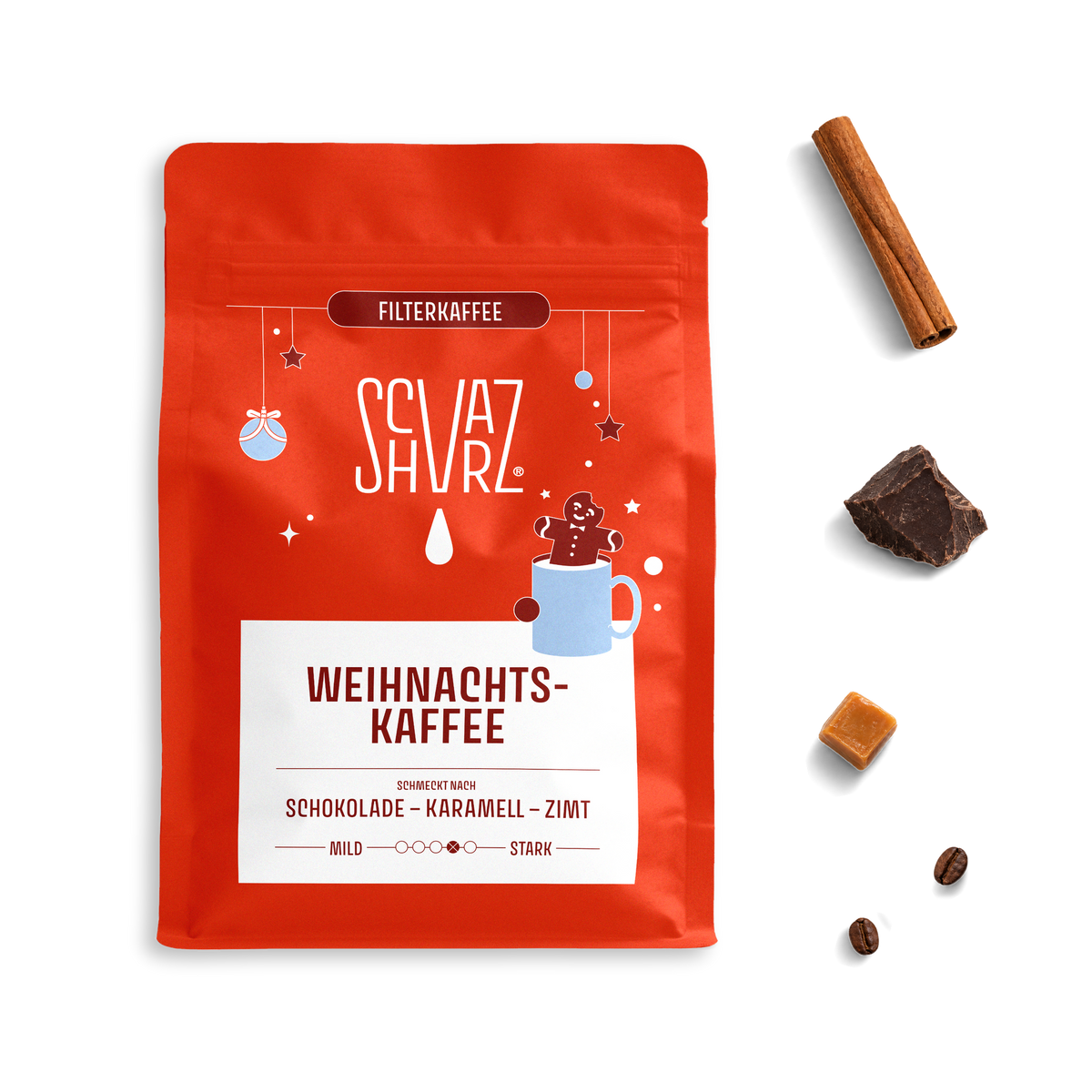 SCHVARZ Weihnachtskaffee 2026 Filter von oben mit Zimtstange, Schokolade und Karamell